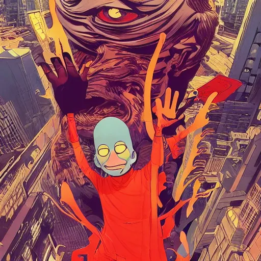 Image similar to a powerful psychic man emitting psychic powers, in the art style of by artgerm, by jamie hewlett, by geof darrow, by moebius, detailed, highly detailed, aesthetic!, artstation, tumblr,