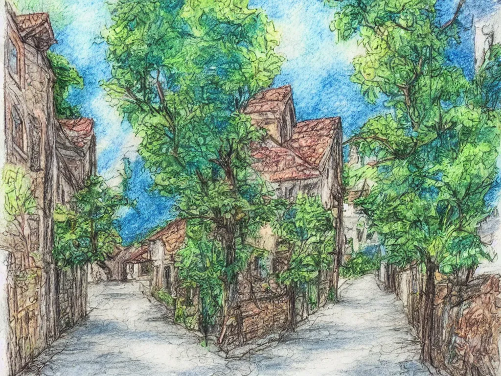 Image similar to a street in a old small village, some foliage, color pencils and watercolor, detailed