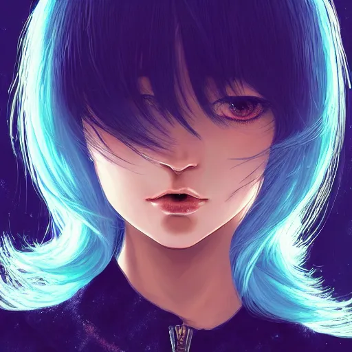 Image similar to full face shot of rimuru tempest, sky blue straight hair, long bangs, with amber eyes, wearing a black jacket, high collar, ultra detailed, concept art, award winning photography, digital painting, cinematic, wlop artstation, closeup, pixiv, evil, yoshitaka amano, andy warhol, ilya kuvshinov,