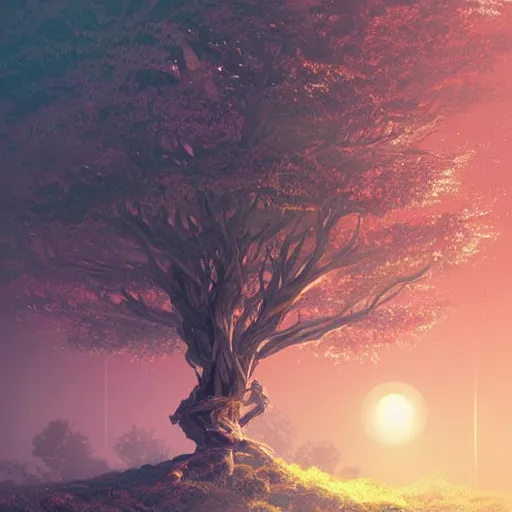 Image similar to Tree filled surface of the moon, intricate, elegant, fantasy, highly detailed, digital painting, concept art, sharp focus, illustration, beautiful volumetric lighting, epic light, artstation, magic hour lighting, colorful, sunshine, springtime, art by Sylvain Sarrailh