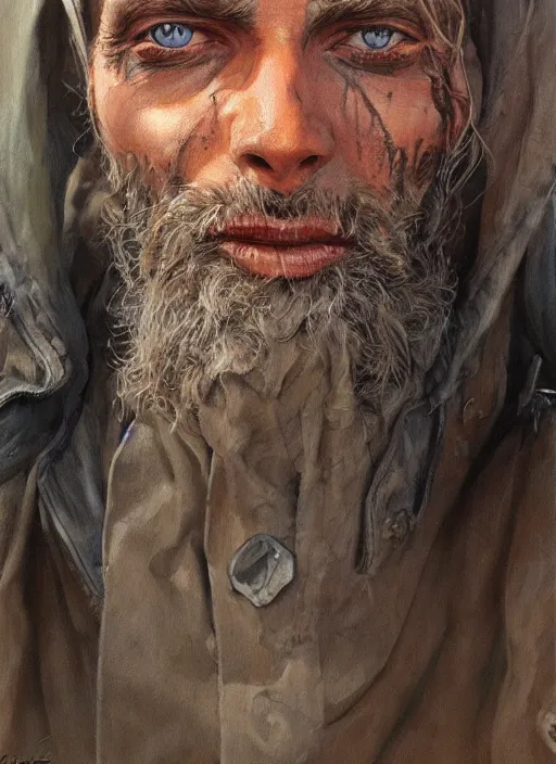 Prompt: a portrait a dirty unwashed homeless man, art by boris vallejo and greg danton and denys tsiperko, detailed, hyperrealism, artstation