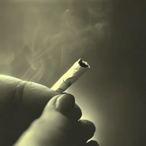 Image similar to Close-up of highly detailed hand holding cigarette with smoke, vintage photo,