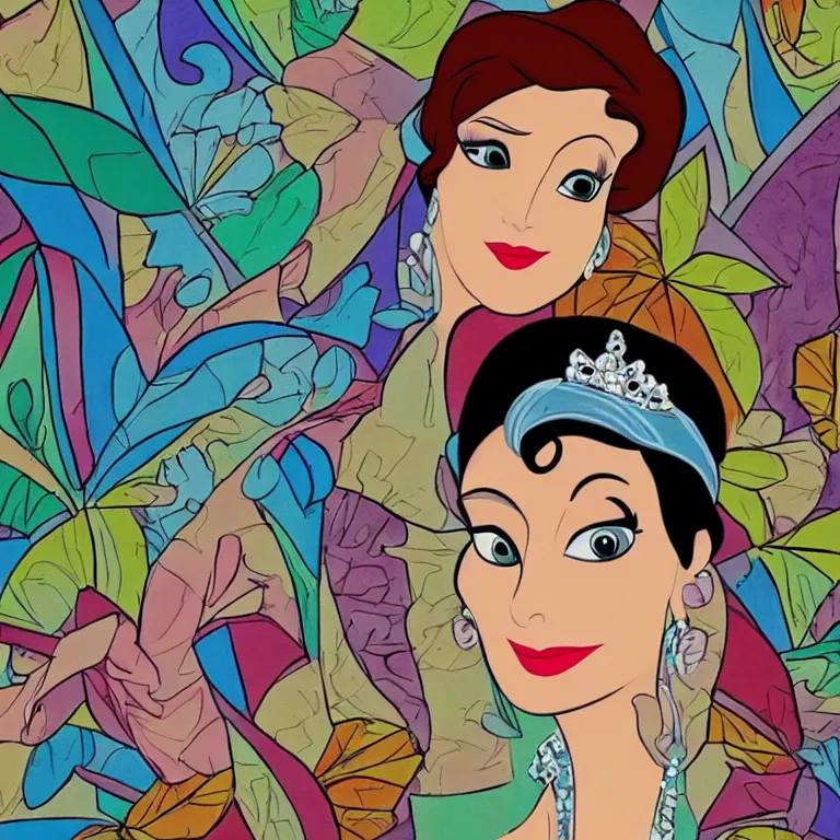 Prompt: Norma Desmond as a Disney Princess, in the style of a colorful Disney cartoon