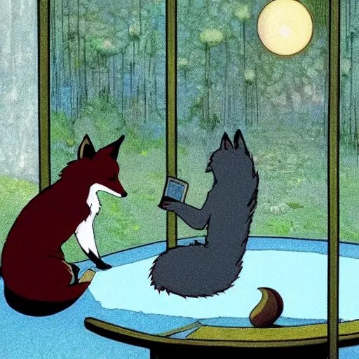 Image similar to the scene where a fox reads tarot cards in studio ghibli's spirited away