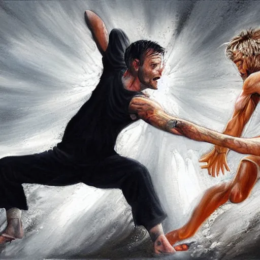 Image similar to the hyper - realistic painting of tom sturridge as sandman fighting against lucifer