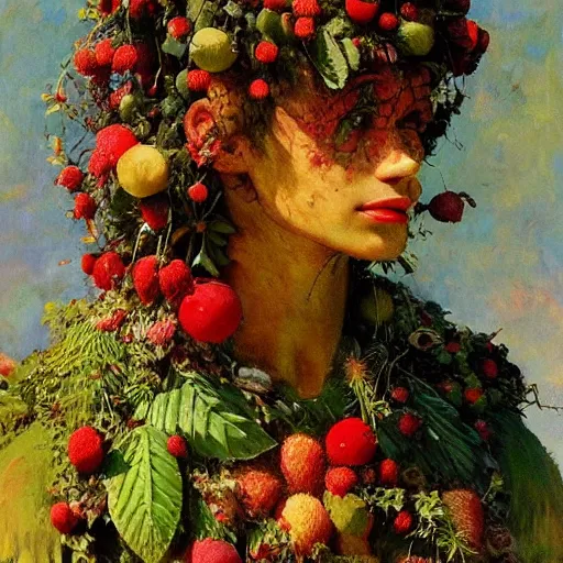 Image similar to a sculpture portrait made of kiwi and strawberries and flowers and plants, painting part by wojciech siudmak, part by ilya repin, part by max ernst, part by norman rockwell, artstation