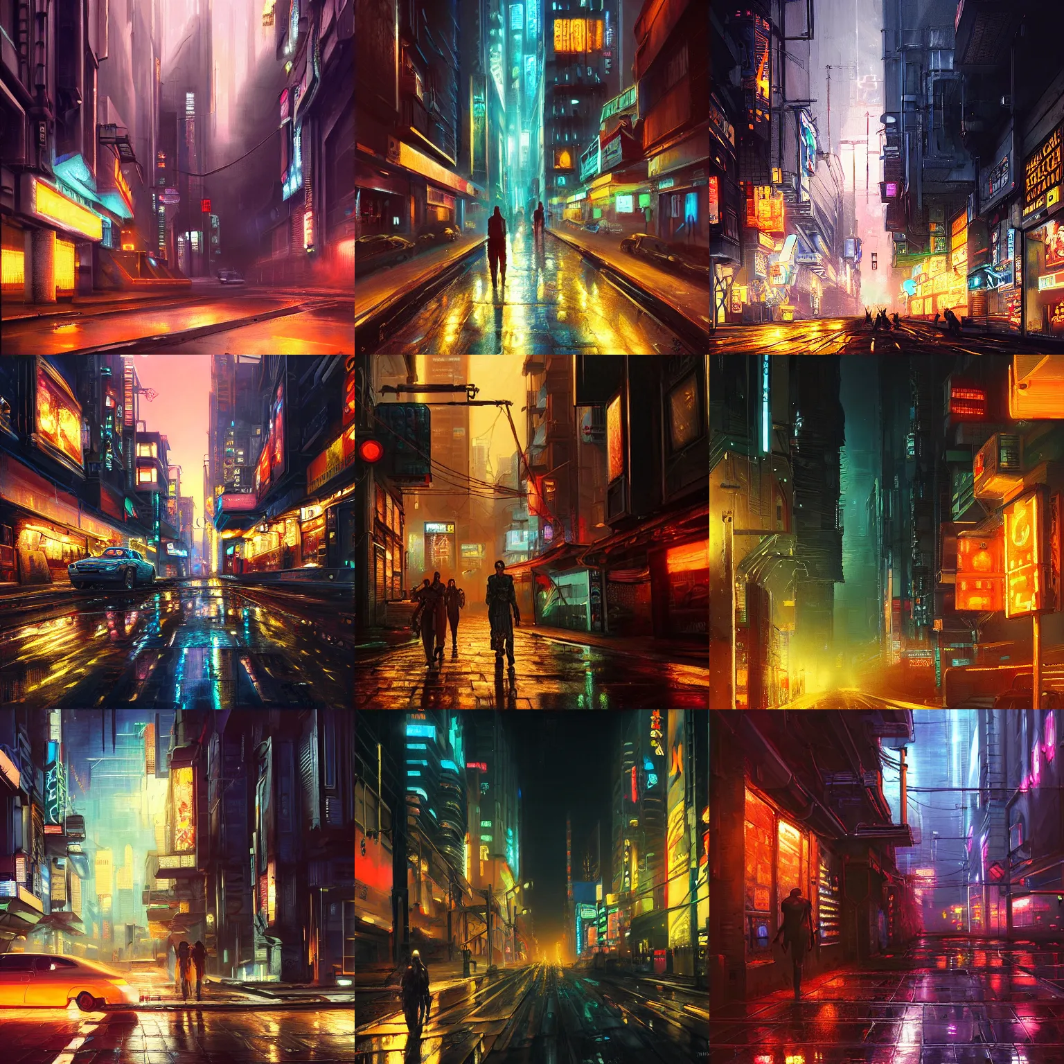 Prompt: an epic painting of the cyberpunk city street at night, oil on canvas, cold colors, perfect composition, golden ratio, beautiful detailed, photorealistic, digital painting, artstation, concept art, smooth, sharp focus, illustration, cyberpunk background, artstation trending, octane render, unreal engine