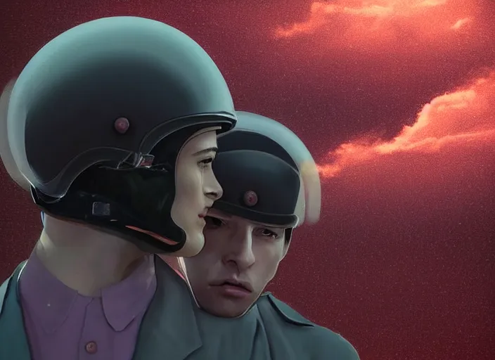 Prompt: beautiful extreme closeup portrait photo in style of frontiers two kissing policemen in motorcycle black helmets, faint mauve iridescent sheen , narcotic beautiful men!! sexy glance , dense red clouds, lightning, UFO, science fashion magazine September retrofuturism edition, highly detailed, soft lighting, elegant , soft lighting, 85mm, Edward Hopper and James Gilleard, Zdzislaw Beksinski, Steven Outram