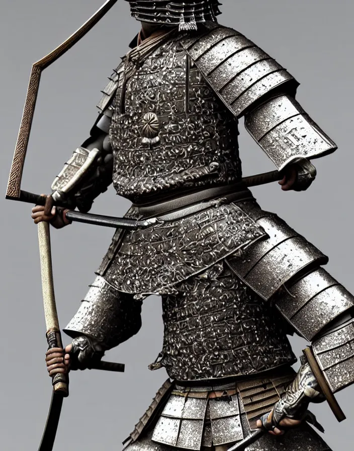 Image similar to detailed photorealistic ancient japanese samurai warrior soldier ⚔ 🪖 ⛩ with traditional japanese engravings and ornamentation on armour and weapons, and shining metallic 3 d surfaces, japanese calligraphy, wide angle, 3 d