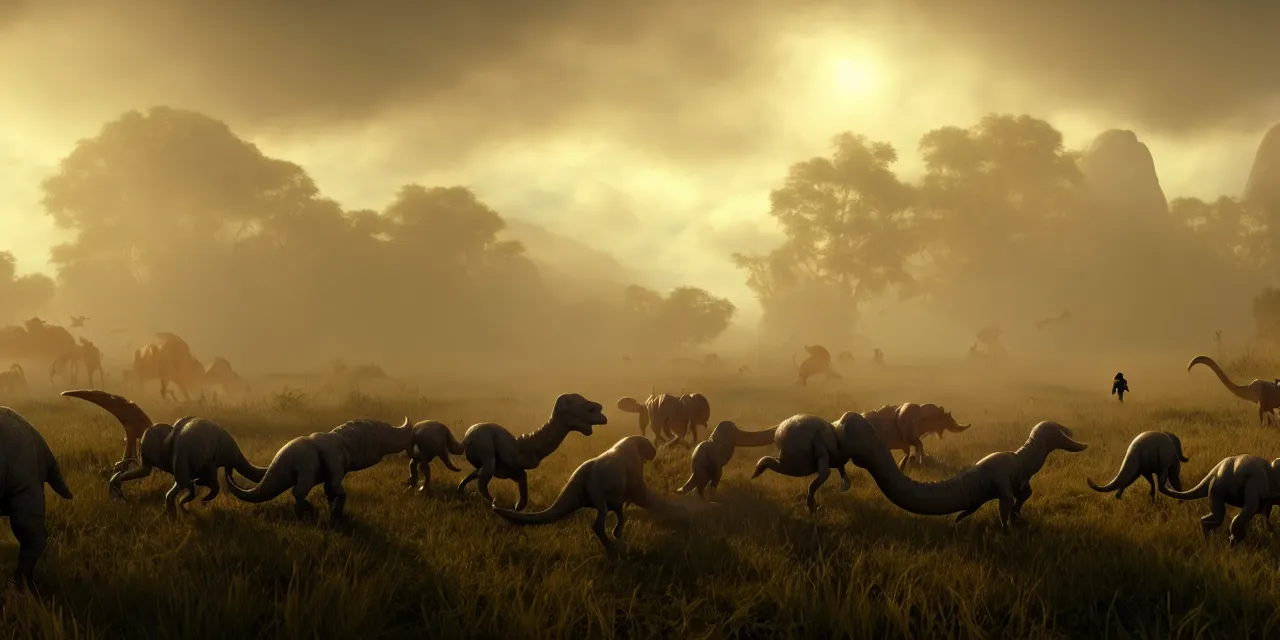 Prompt: old man herding a herd of small dinosaurs in an alternate prehistoric past, steam punk, very high details, volumetric fog, raytracing, back light, raymarching, by ilm, by digital domain, by weta digital