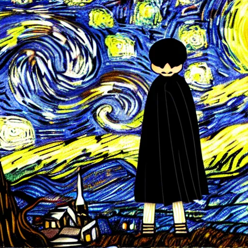 Image similar to a skeleton in black cloak in starry night style