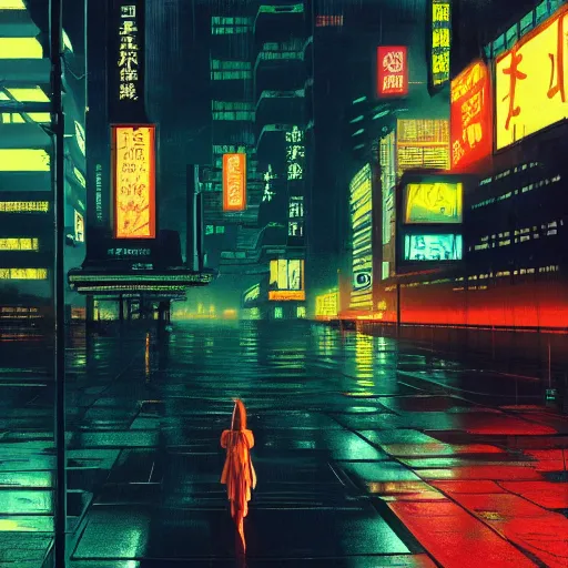 Image similar to high detailed lost soul in cyberpunk rainy city at night with a torii in the background by Syd Mead, high quality, 4K, UHD, trending on ArtStation, blade runner vibes, ghost in the shell, akira