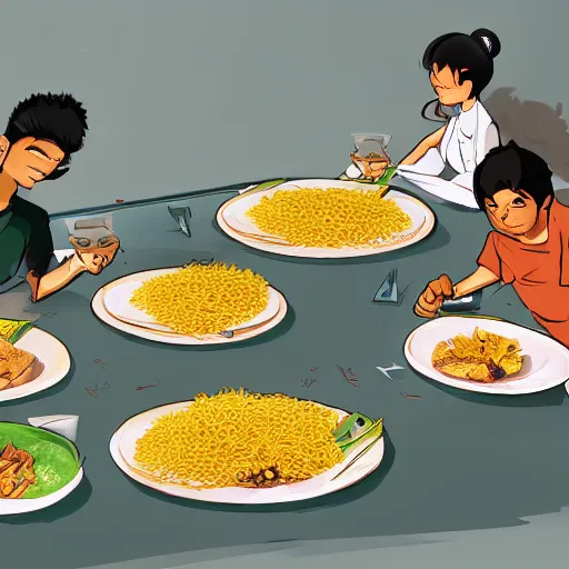 Image similar to a group of komodo dragons having a feast consisting of only indomie instant noodles on a fancy dining table, digital art, concept art, cartoon style, trending on artstation