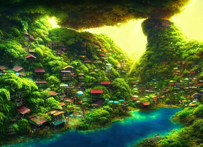 Image similar to lush foliage japanese favela, underwater environment, borealis, scenery, professional, award - winning, trending on artstation, hyper detailed, realistic, beautiful, emotional, shiny, golden, picture