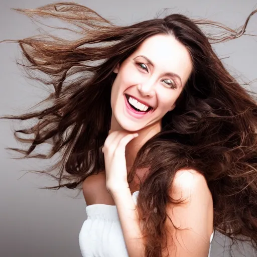 Image similar to a beautiful studio photo portrait of a long haired brunette woman, happy and smiling, dynamic pose