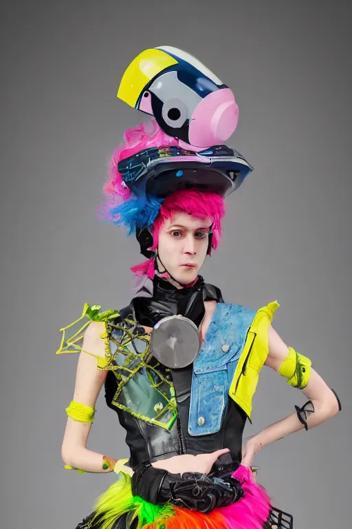 Image similar to a male character wearing a diy! costume dress, punk, with fluo colored details and a transparent helmet, full body, muted colors, vivienne westwood, nausicaa, hyper real acrylic painting