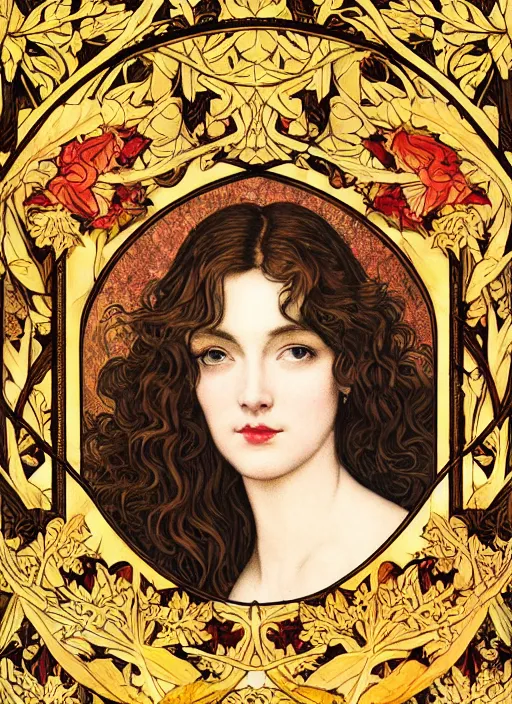 Image similar to masterpiece beautiful seductive flowing curves pinup pose preraphaelite face portrait photography, extreme close up shot, straight bangs, thick set features, yellow ochre ornate medieval dress, amongst foliage mushroom forest circle arch, william morris and kilian eng and mucha, framed, 4 k