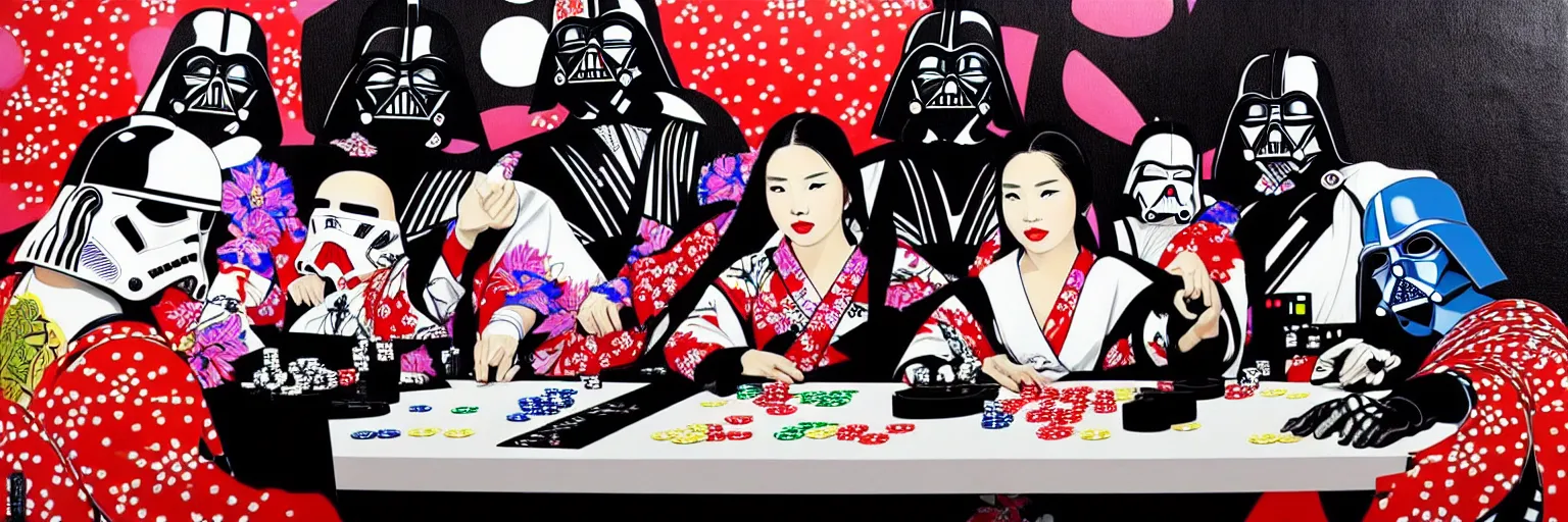 Image similar to hyperrealism composition of the detailed woman in a japanese kimono sitting at an extremely detailed poker table with darth vader and stormtrooper, fireworks on the background, pop - art style, jacky tsai style, andy warhol style, acrylic on canvas