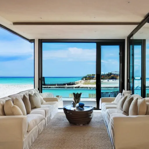 Prompt: beautiful beach view from a modern luxury livingroom