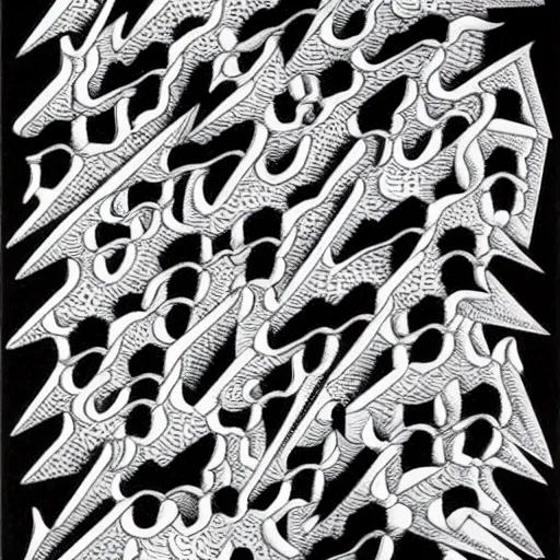 Image similar to white wolves transitioning into black geese by mc escher, aerial view, scared black geese flying, angry white wolves with teeth, hexagonal pattern, intricate details, ink shading, ink dots, mathematical interlocking, screen print, frameless