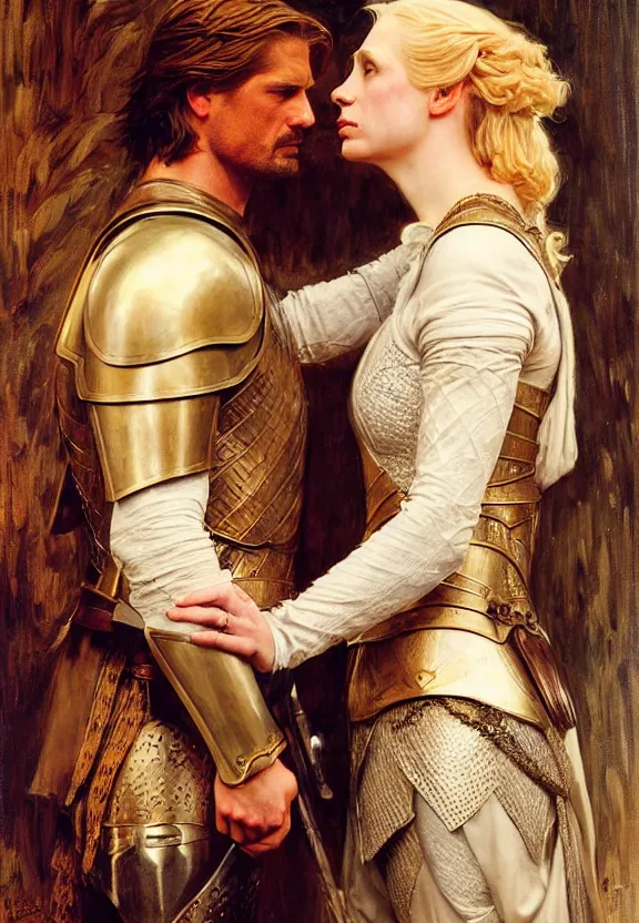 Image similar to attractive fully clothed jaime lannister confesses his love for attractive fully armored brienne of tarth. tender looks. highly detailed painting by gaston bussiere and j. c. leyendecker 8 k