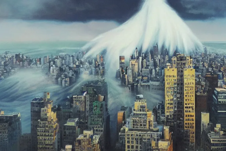 Prompt: tsunami crashing over manhattan, bird's eye view, wide shot, cinematic, realistic painting