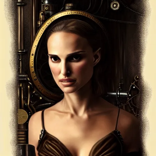 Image similar to beautiful Natalie Portman, perfect face and body, in detailed steampunk dress, smooth, sharp focus, illustration, realistic, cinematic, artstation, gold, ornate, award winning, original modern artwork, set on H. R. Giger aesthetic, rgb ethereal lighting,8k