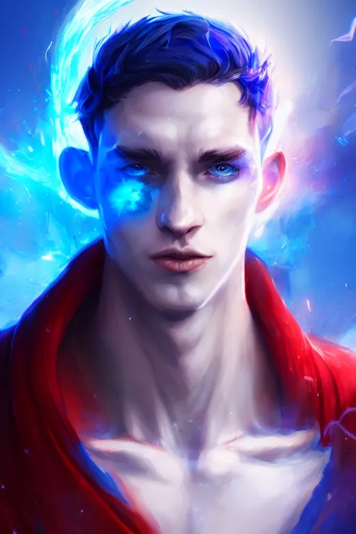 Prompt: a human elemental sorcerer, blurred environment background, blue and red magic effects, white skin, portrait, male, sharp focus, digital art, concept art, dynamic lighting, by emylie boivin and rossdraws