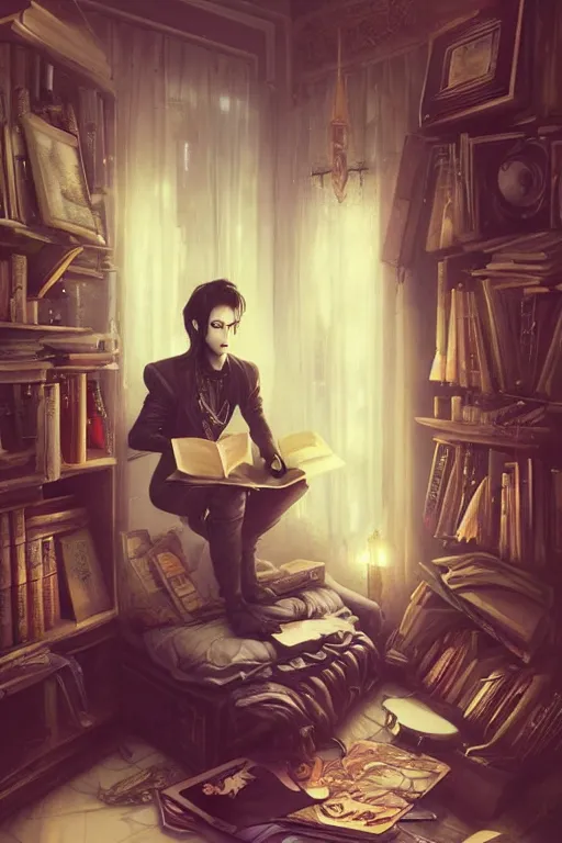 Image similar to goth guy sitting on the floor of a cluttered 9 0 s bedroom reading a book by artgerm, tom bagshaw, gerald brom, vaporwave colors, lo - fi, 4 k, hd,