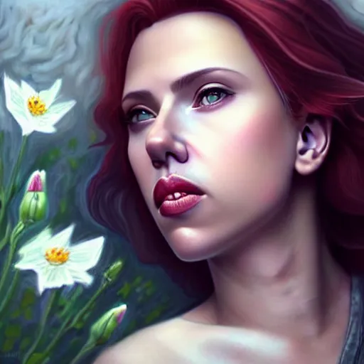 Prompt: beautiful woman Scarlett Johansson surrounded by Columbine flowers, symmetrical face, portrait, Charlie Bowater character art