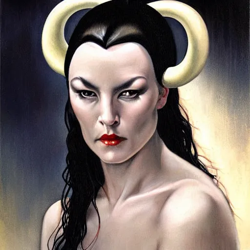 Prompt: portrait of a woman with horns and fully black eyes, by gerald brom