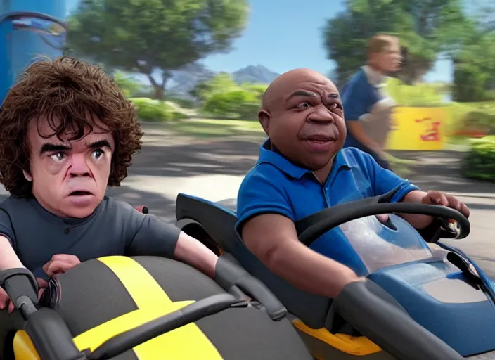 Image similar to peter dinklage racing gary coleman driving a little tikes cars, movie still, from the new fast and furious movie, 8 k, realistic