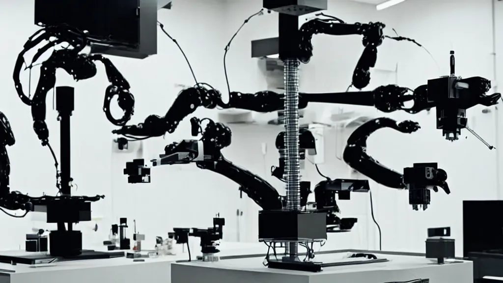 Image similar to a complex bifurcated robotic cnc surgical arm hybrid mri 3 d printer machine making black and white ceramic mutant forms in the laboratory inspection room, film still from the movie directed by denis villeneuve with art direction by salvador dali, wide lens