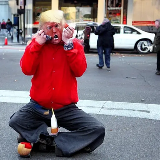 Image similar to donald trump dressed as a homeless man asking for money on the streets