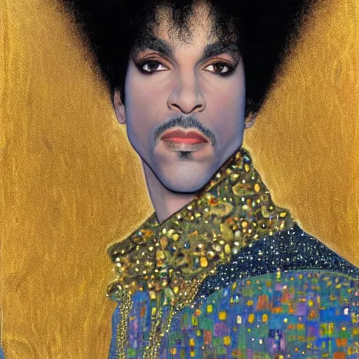 Image similar to a painting of Prince in the style of Klimt. Gold color scheme