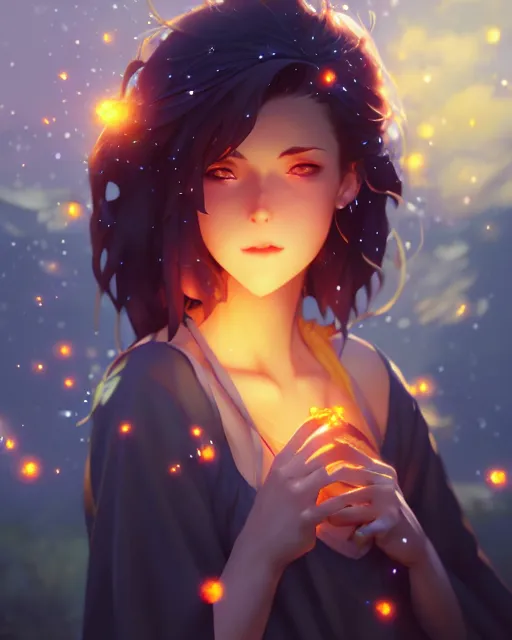 Image similar to goddess of the night surrounded by fireflies, wide angle view, cushart krenz, very detailed, realistic face, detailed face, matte, tonemapping, perfection, 4 k