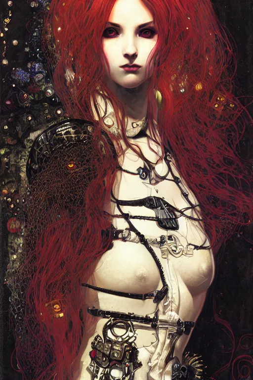 Image similar to portrait of beautiful young gothic maiden, cyberpunk, Warhammer, highly detailed, artstation, illustration, art by Gustav Klimt and Ilya Kuvshinov