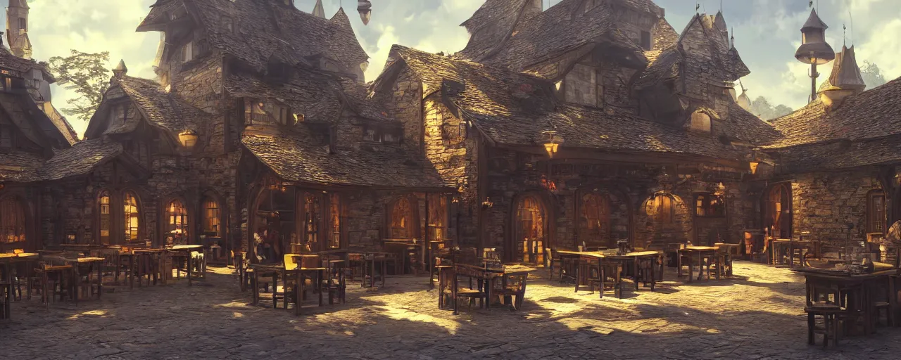 Prompt: tiny, medieval era tavern with exotic dancers, exterior, two stories, vaporwave aesthetics, 8 k uhd, unreal engine, octane render in the artstyle of finnian macmanus, john park and greg rutkowski