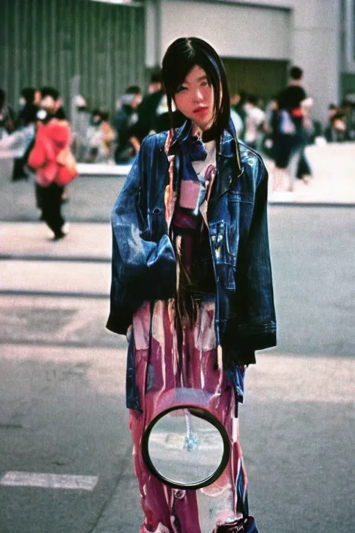 Prompt: a 1 9 9 0 s street fashion photograph of a young japanese woman in 9 0 s fashion, uncropped photograph, in bubble era tokyo ueno, shot on cinestill 5 0 d with a canon 2 8 mm at f / 5. 6 lens, print magazine quality!!, very highly photorealistic, nineties nostalgia!!!, 4 k