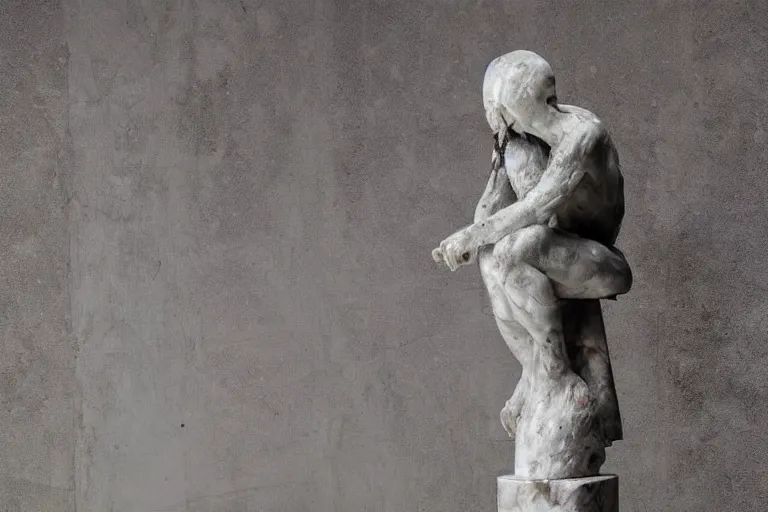 Prompt: a sculpture of a person sitting on top of a chair, a marble sculpture by nicola samori, behance, neo - expressionism, marble sculpture, apocalypse art, made of mist 1 2 3 4 9. 2