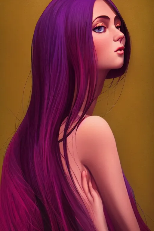 Prompt: centered detailed portrait of a beautiful intimate woman with long purple crystal hair and a beautiful red dress, by Ilya Kuvshinov
