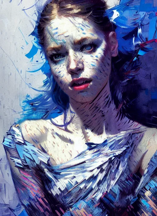 Image similar to portrait of beautiful girl, ecstatic, dancing, eyes closed, shades of blue and grey, new yotk backdrop, beautiful face, rule of thirds, intricate outfit, spotlight, by greg rutkowski, by jeremy mann, by francoise nielly, by van gogh, digital painting