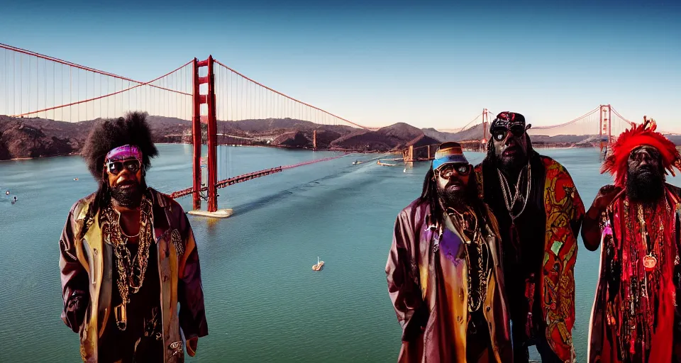 Prompt: first image afrofuturistic heist movie starring george clinton and parliament funkadelic, sundance official selection. shot on the golden gate bridge with alexa mini, stunning cinematography, golden hour, filmgrain.