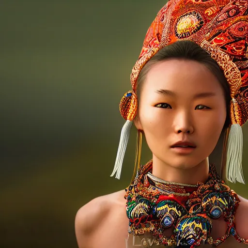 Prompt: portrait of a stunningly beautiful mongolian tribal female, depth of field, zeiss lens, detailed, symmetrical, centered, fashion photoshoot, by Annie Leibovitz and Steve McCurry, David Lazar, Jimmy Nelsson, Breathtaking, 8k resolution, extremely detailed, beautiful, establishing shot, artistic, hyperrealistic, beautiful face, octane render
