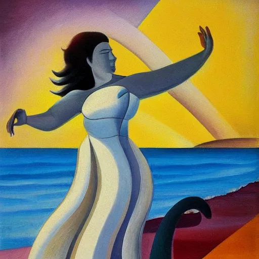 Prompt: woman dancing with a ying yang by the ocean while the waves crash on the seashore, high quality art in the style of cubism and geogia o keefe