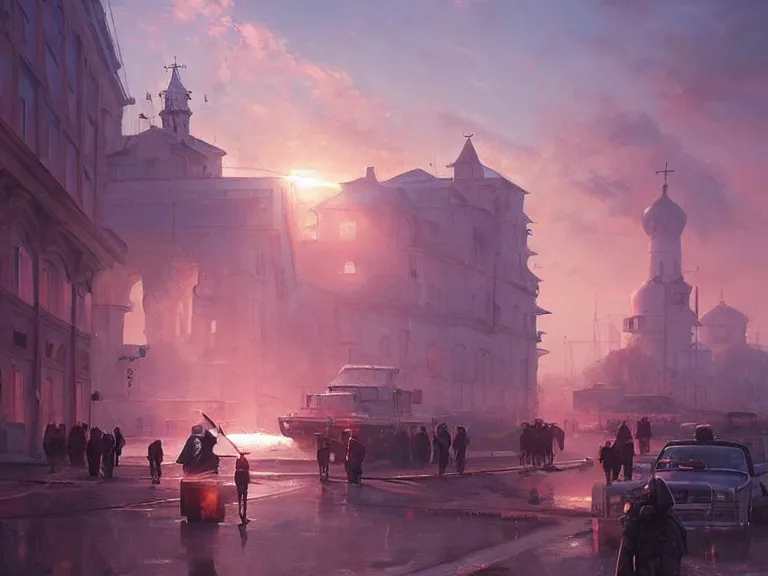 Image similar to city of syzran!!!, militaristic!!!, romantic!!!, hyperrealistic, highly detailed, cinematic, pink sunlight!, beautiful, cgssociety, artstation, 8 k, oil painting by greg rutkowski, by artgerm, by wlop