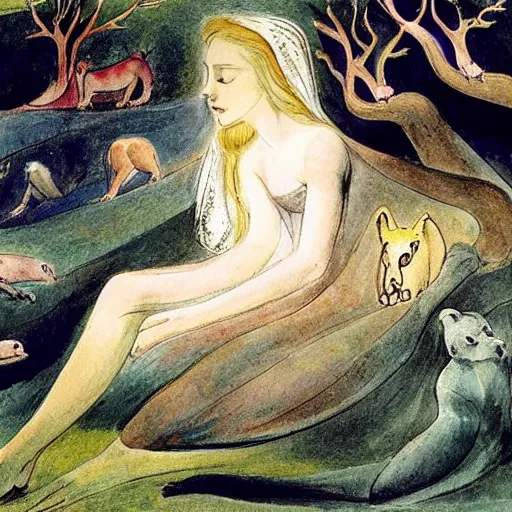 Image similar to by william blake harrowing. a beautiful installation art of princess aurora singing in the woods while surrounded by animals. she looks so peaceful & content in the company of the animals, & the colors are simply gorgeous.