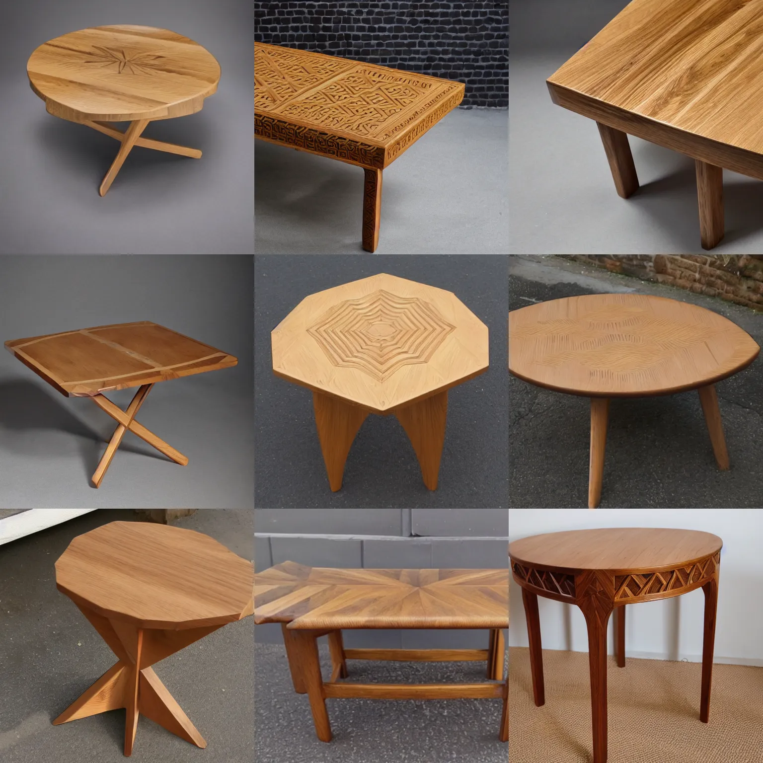 Prompt: norwegian design furniture of a wood oak table in geometric shape carved intricate