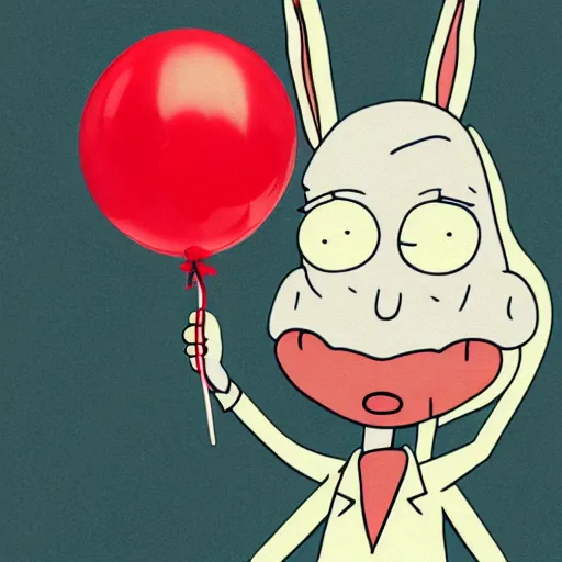 Image similar to grunge painting of bugs bunny with a wide smile and a red balloon screenshot from rick and morty, creepy lighting, horror theme, detailed, elegant, intricate, conceptual