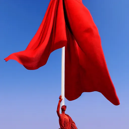 Prompt: a roman statue covered by red cloth that's blowing in the wind, digital art, concept art, cloth simulation with houdini, octane, redshift, 8 k